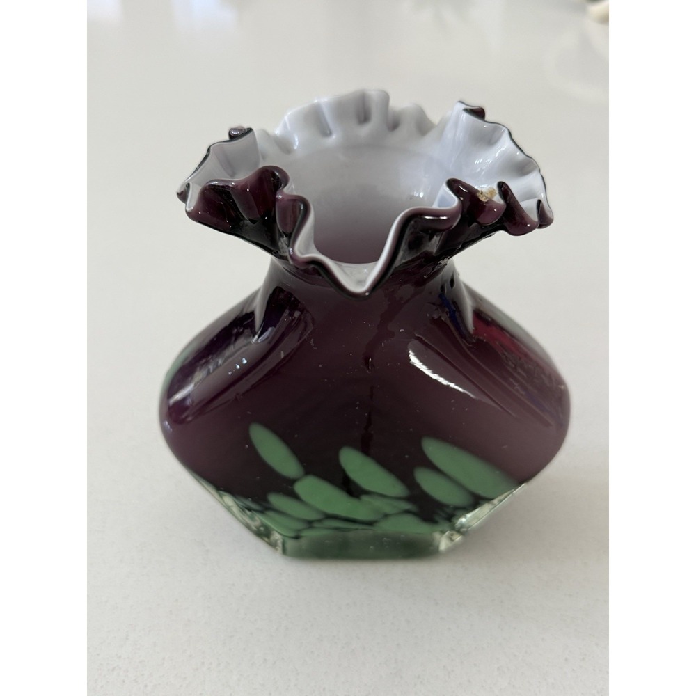 Vintage Handblown Splatter Vase Ruffled Purple Green White‎ Accents